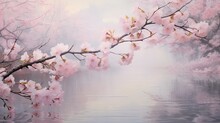 Cherry blossoms enveloped in a soft morning mist, painting a romantic scene. Palette: Pastel pinks, subtle greens, and pale grays