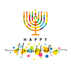  Happy Hanukkah card with elegant lettering and colored hanuka menorah. Jewish festival of lights web banner with calligraphy and menorah. Vector illustration
