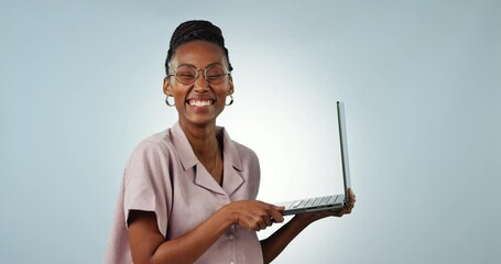 Poster - Face, woman and smile with laptop in studio for mockup on blue background for e commerce, email or web. African, person or model with laugh for blog, website or social media with technology for work