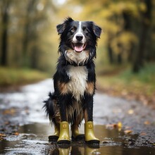 Dog Wearing Yellow Rubber Boots