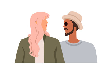 Wall Mural - Young man and woman faces meeting, looking at each other in silence. Interracial biracial family couple. People relationship concept. Flat graphic vector illustration isolated on white background