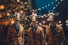Close Up Portrait Of Three Giraffes Posing For The New Year. Standing Like People On The Street. Night Scene With Animal Celebrating Christmas.