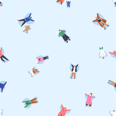 Poster - Seamless winter pattern with happy people making snow angels. Wintertime holiday fun. Endless background, repeating print design for fabric, textile, wrapping, decoration. Flat vector illustration