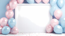 White Frame With Pink And Blue Balloons On Blue Background. Baby Shower