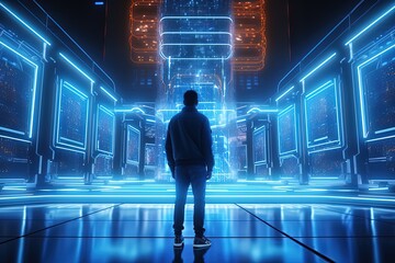 Wall Mural - High-Tech Data Center with Business Person in Tron Neon Lights