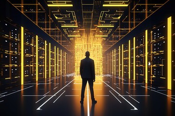 Wall Mural - High-Tech Data Center with Business Person in Tron Neon Lights