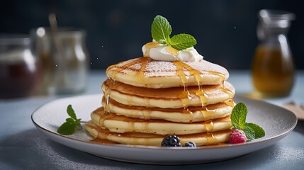 Wall Mural - Delicious and Fluffy Pancakes with Fresh Berries and Maple Syrup on a White Plate