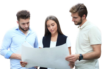 Wall Mural - Group of young modern people in smart casual wear having a brainstorm meeting while standing on a transparent background