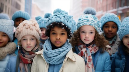 Wall Mural - Lovely kids in warm and comfy winter clothes posing in the street. Cozy modern clothes for young generation concept. Generative AI