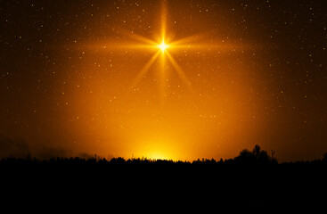 Sticker - Christmas star. Background of the beautiful nite golden starry sky and bright star. Concept Nativity of Jesus Christ