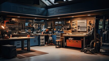 Garage workspace with an industrial touch. Emphasize workbenches, metal tools, and hanging lights. Color palette: Denim blue, gunmetal, and timber