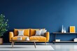 Living room interior with blue and dark sofa with blue walls
