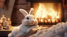 A Contented Bunny Resting By The Fireplace On A Cozy Christmas Evening With Room For Text, Background Image, Generative AI