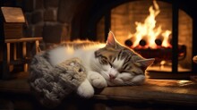 A Contented Cat Napping By The Fireplace On A Snowy Christmas Day, With Room For Text, Background Image, Generative AI