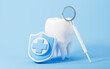Cartoon tooth and shield, dental care and cleaning, 3d rendering.