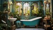 Bathroom sanctuary featuring a clawfoot tub, surrounded by potted plants and ornate mirrors. Colors: Jewel teal, gold, and ivory