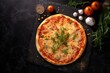 © annamaria - Close up front view of fresh hot pizza on black stone luxury table, junk food . Generative Ai.