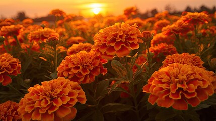 Poster -  a field of orange flowers with the sun setting in the background.  generative ai