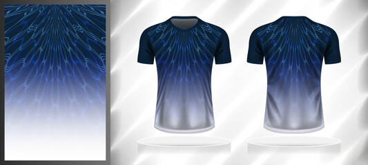 Sticker - Vector sport pattern design template for V-neck T-shirt front and back with short sleeve view mockup. Dark and light shades of blue with white color gradient abstract line texture background.