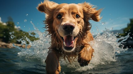 Wall Mural - golden retriever running in water