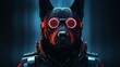 A cyberpunk black dog stares out with a fierce intensity, its red and black glasses hinting at an underlying mischievousness