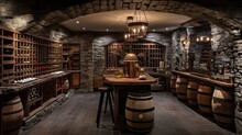 Basement Wine Cellar With Stone Walls, Wooden Wine Racks, And Vintage Barrels