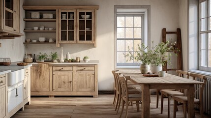 Farmhouse kitchen featuring wooden cabinets, a farmhouse sink, and a large rustic dining table