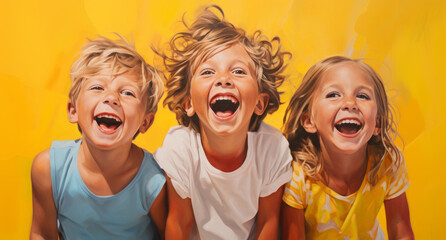 Wall Mural - Three happy smiling, laughing children of african-american and white American race. Child girl, yellow isolated background