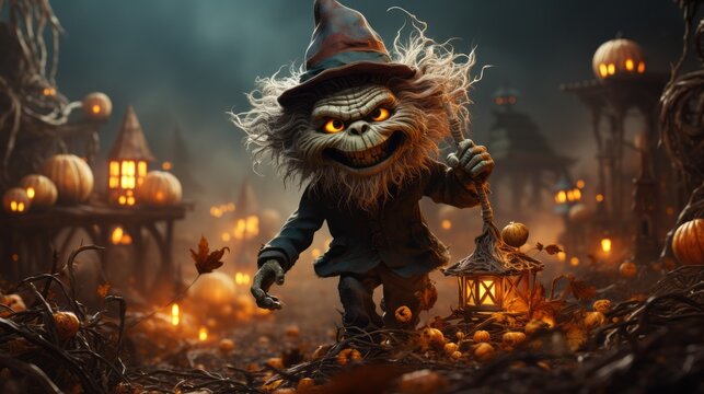 A mischievous cartoon character in a festive halloween hat and holding a magical broomstick evokes feelings of childhood joy and adventure