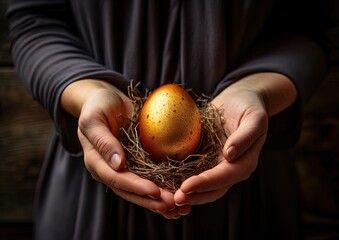 Rustic Beauty: Hands Holding a Golden Egg