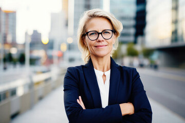 Wall Mural - Smiling middle age businesswoman in business district. Concept of business, success and entrepreneurship.