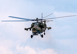 Fototapeta  - KUBINKA, RUSSIA - May, 15, 2021: attack helicopters Mil Mi-28, STRIZHI Aerobatic Team 30TH Anniversary Event
