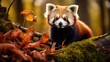  a red panda sitting on top of a moss covered forest.  generative ai