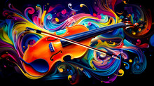 Painting Of Violin With Colorful Swirls And Swirls In The Background.