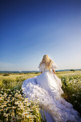 Wall Mural - Girl in a white dress and a crown with a bouquet in a chamomile field at sunset, view from the back, a princess on a walk