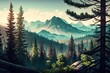 Landscape on mountains, big forest, big mountains, green forest, digital art style, illustration painting