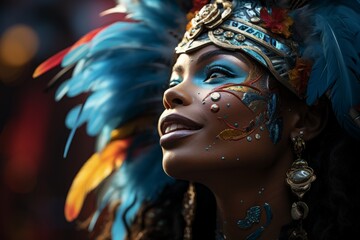Wall Mural - Rio Carnival participant adorned with feathers and glittering accessories, Generative AI