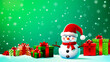 canvas print picture - Snowman wearing santa hat and scarf next to pile of presents.