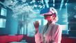 Woman in white attire with VR and AR headset, immersed in luxurious spatial computing experience.