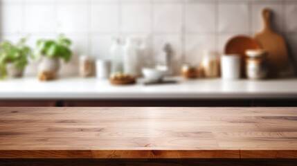 Mock up with an empty wooden table on blurred kitchen background. Backdrop for product presentation or showcase
