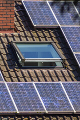 Poster - weathered solar panels on rooftops in a historical city