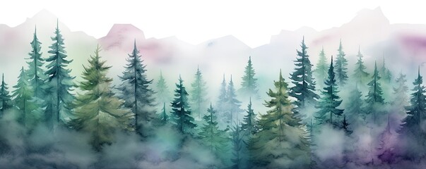 Wall Mural - Watercolor painting of spruce forest. Coniferous foggy forest illustration. Fir or pine trees for Christmas design. Misty winter abstract background, holiday background