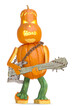 Halloween pumpkin guitar player with illuminated scary face. Jack-O-Lantern rockstar monster. Pumpkin-musician character with electric guitar at Halloween party. 3d illustration