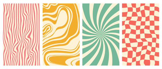 Wall Mural - Groovy hippie 70s vector backgrounds set. Chessboard and twisted patterns. Backgrounds in trendy retro trippy style. Twisted and distorted vector texture in trendy retro psychedelic style
