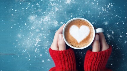 Female hands holding a cup of coffee with foam on blue background. Top view of a table in a cafe. Warm time in autumn. Hot coffee with a heart. (top view), generative ai