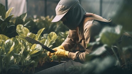 Leinwandbilder - A person with gardening tools, highlighting solutions for sustainable agriculture and urban farming