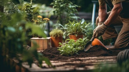 Leinwandbilder - A person with gardening tools, highlighting solutions for sustainable agriculture and urban farming