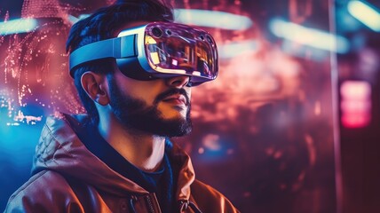 Leinwandbilder - An image of a person using augmented reality (AR) glasses, representing technological solutions for enhanced experiences