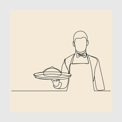 Wall Mural - continuous single line sketch hand drawn drawing of waiters holding order food tray for customer. One line art concept of restaurant worker. Vector illustration