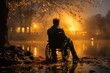 © nataliya_ua - a man in a wheelchair looks at the burning city